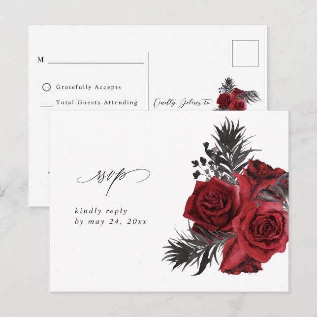 Cartes RSVP Fleurs Rouges & Noir sans Repas (Devant / Derrière)