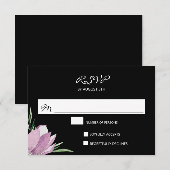 Cartes RSVP florales couleur pourpre noir (Devant / Derrière)