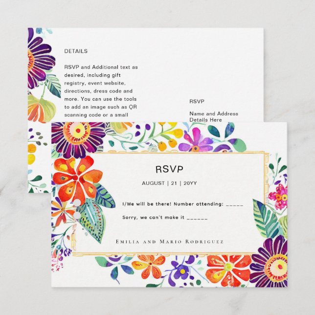 Cartes RSVP Folkart Fleurs FIESTA (Devant / Derrière)