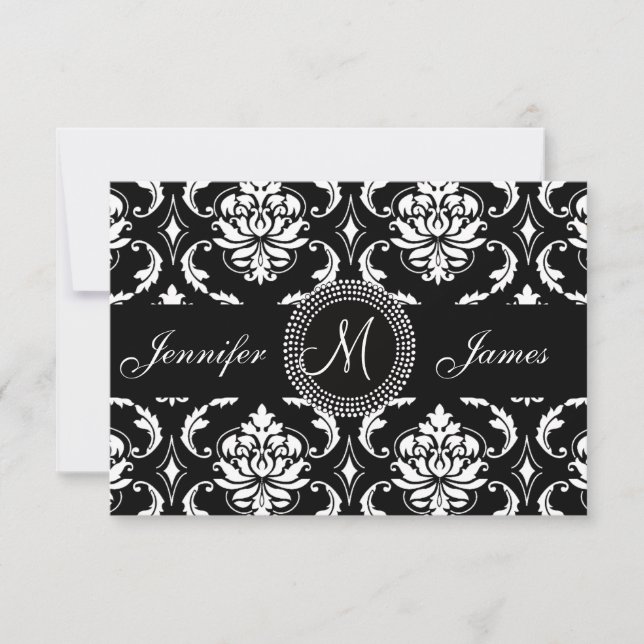 Cartes RSVP initiales en noir Damask pour Invitati (Devant)
