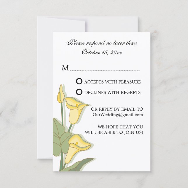 Cartes RSVP Jaune Élégante Fleur de Calla (Dos)