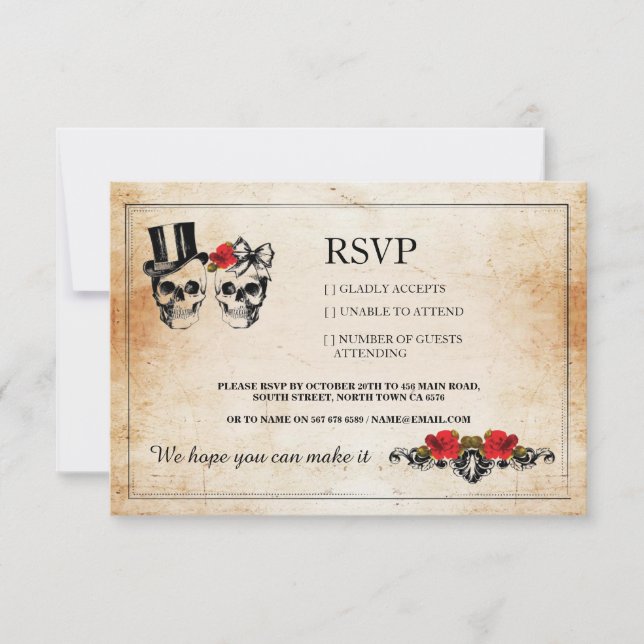 Cartes RSVP Mariage Crânes Roses Rustiques (Devant)