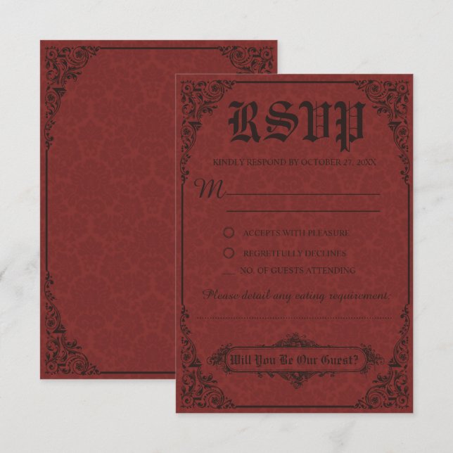 Cartes RSVP Mariage damassé gothiques rouges (Devant / Derrière)