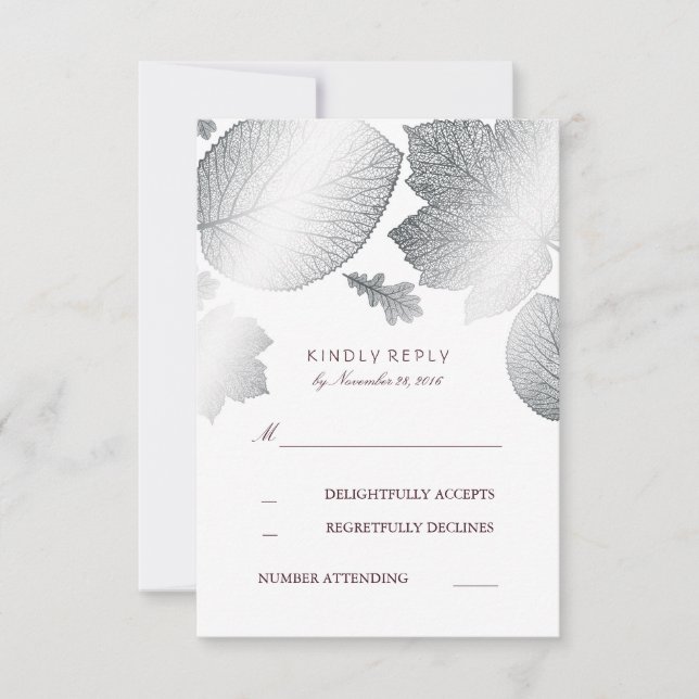 Cartes RSVP Mariage de automne Feuille Argent (Devant)