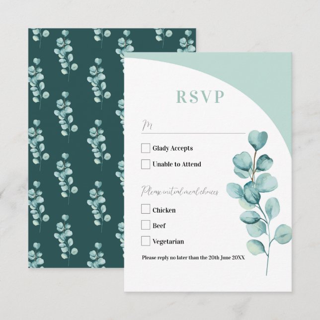 Cartes RSVP Mariage Feuilles d'Eucalyptus Vert (Devant / Derrière)