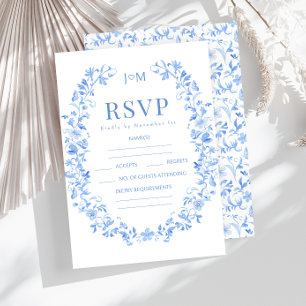 Cartes RSVP mariage floral en porcelaine bleue