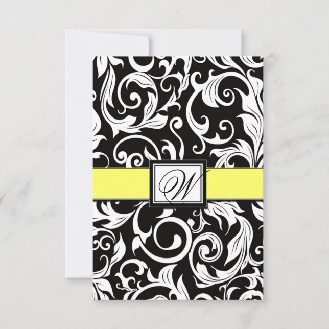 Cartes RSVP Monogram Yellow & Black Mariage damass (Devant)