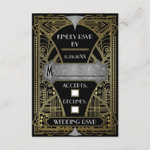 Cartes RSVP Noir & Argent Art Déco Mariage vintage