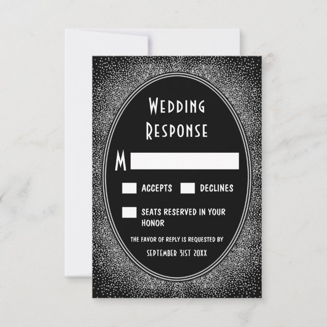 Cartes RSVP Noir et Argent Foil Art Déco Mariage (Devant)