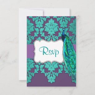 Cartes RSVP Peacock Aqua & Purple Mariage damassé