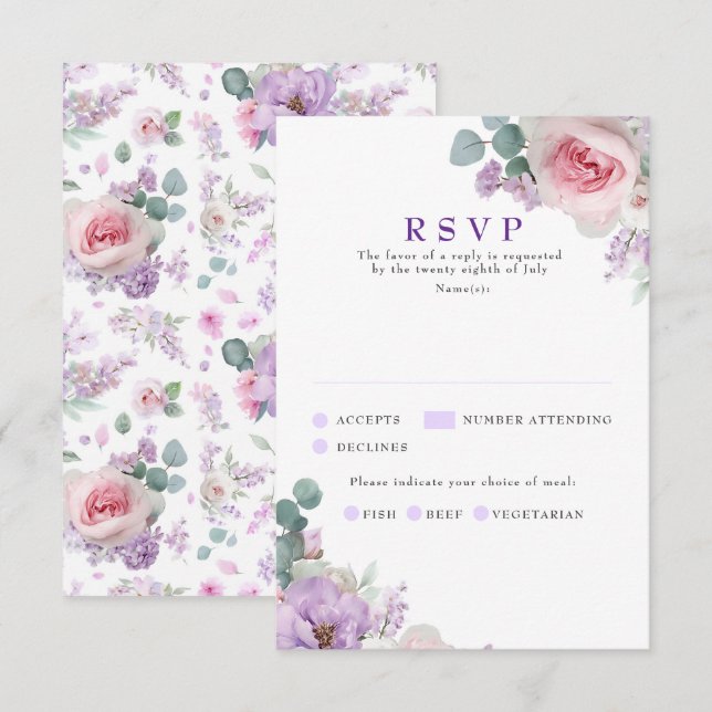 Cartes RSVP pour mariage rose violet végétal (Devant / Derrière)