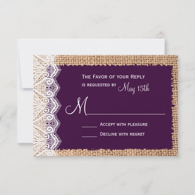 Cartes RSVP pourpres Burlap Russe Country (Devant)