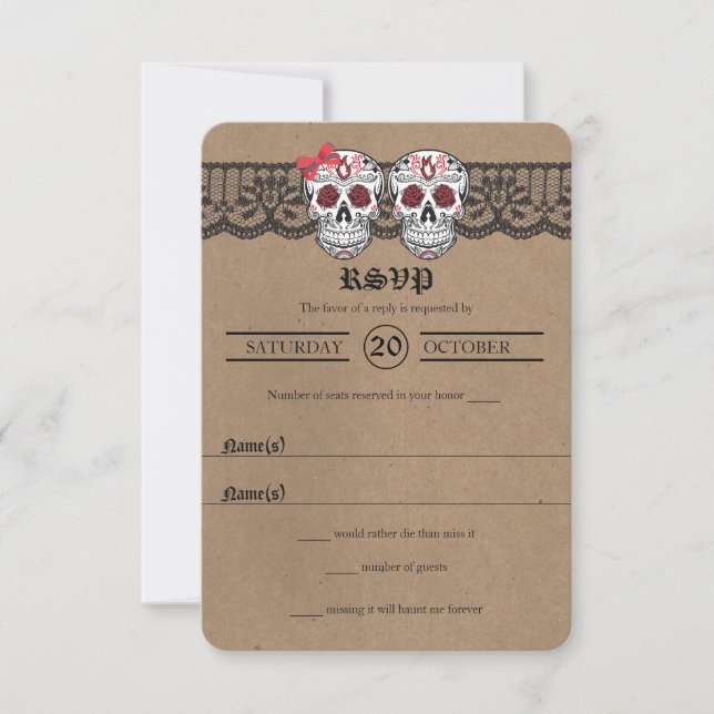 Cartes RSVP Rustic Kraft & Lace Sugar Skull Weddin (Devant)