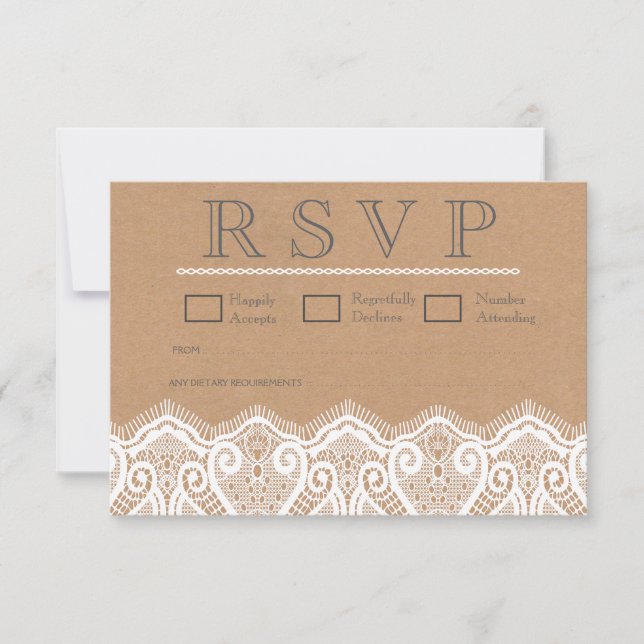 Cartes RSVP Rustique Blanche Dentelle & Mariage Kr (Devant)