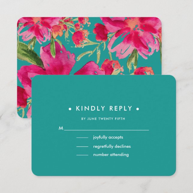 Cartes RSVP Turquoise Fuchsia Floral Wedal (Devant / Derrière)