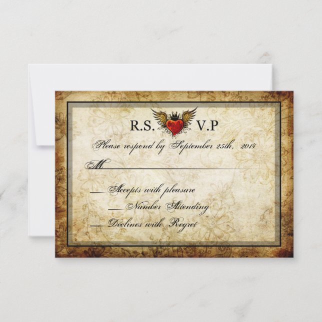 Cartes RSVP vintages pour coeur ailé de tatouage u (Devant)