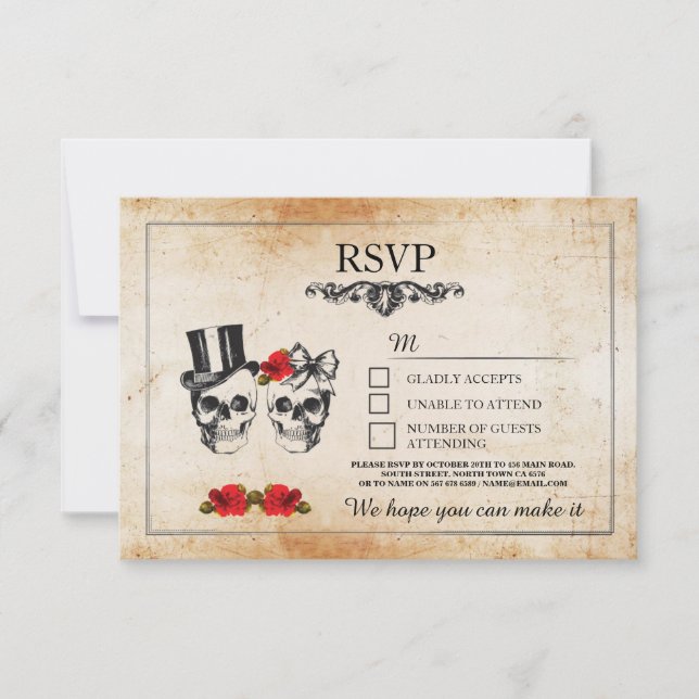 Cartes Rustiques de Crânes de Mariage RSVP Fleurs (Devant)
