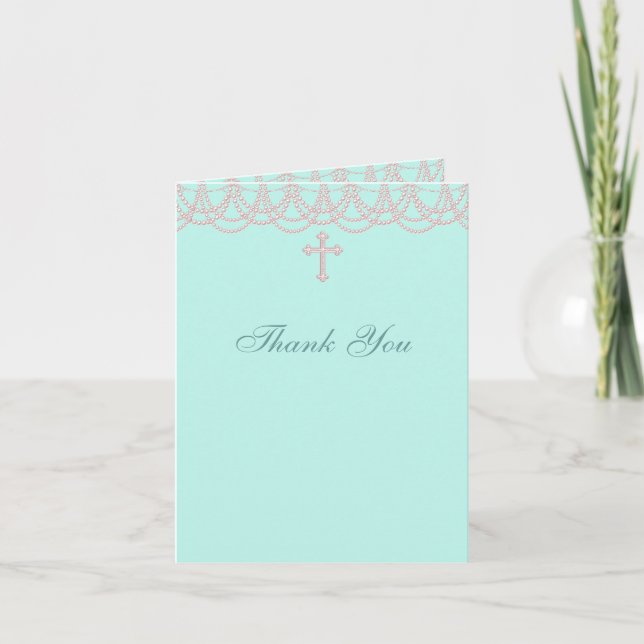 Cartes turquoises de Merci de baptême de perle (Devant)
