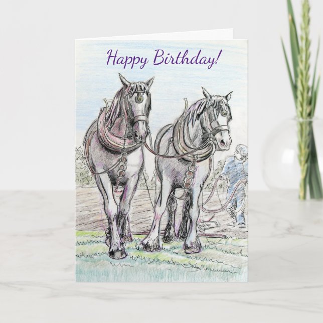 Carthorses Ploughing Field Birthday Card (Front)