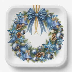 Carton Assiettes carrées en papier Couronne de Noël Bleu