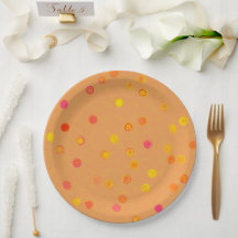 Assiettes de fête en papier orange à spirales et p