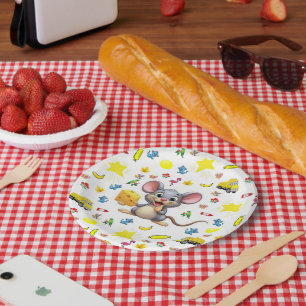 Carton Assiettes en papier, fromage jaune souris étoiles