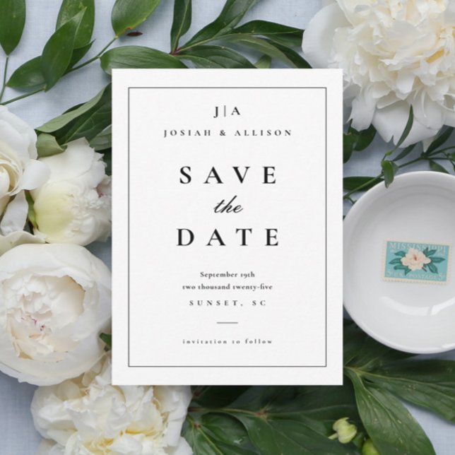 Carton de Faire-Part de Mariage Monogramme Classiq (Classic black and white elegant wedding monogram save the date announcement card.)
