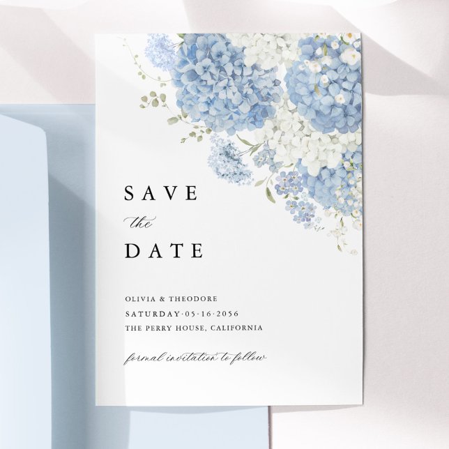 Carton de Faire-Part Fleurs Blanches Bleu Poussiér (Dusty blue white hydrangea save the date wedding invitation, watercolor floral elegant stationery)