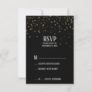 Carton de réponse RSVP avec confettis dorés sur fo