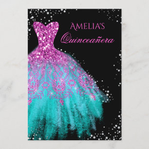 Carton de Robe Rose Turquoise Invitation Quinceane