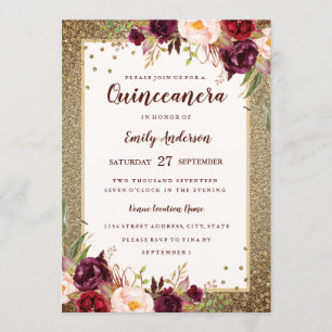 Carton floral Bourgogne Étincelle Or Invitation Qu