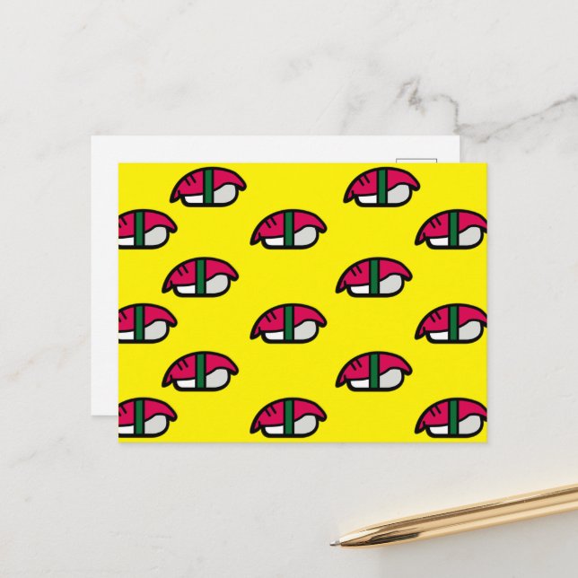 Carton Kawaii Sushi, Riz de Poisson et Carte posta (Devant/Arrière en situation)