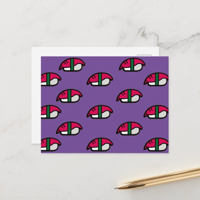 Carton Kawaii Sushi, Riz de Poisson et Carte posta (Devant/Arrière en situation)