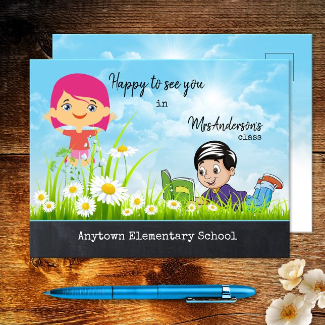 Carton mignon Bienvenue Retour à la carte postale  (A cheerful postcard featuring a cartoon design with happy children, eager to go back to school.)
