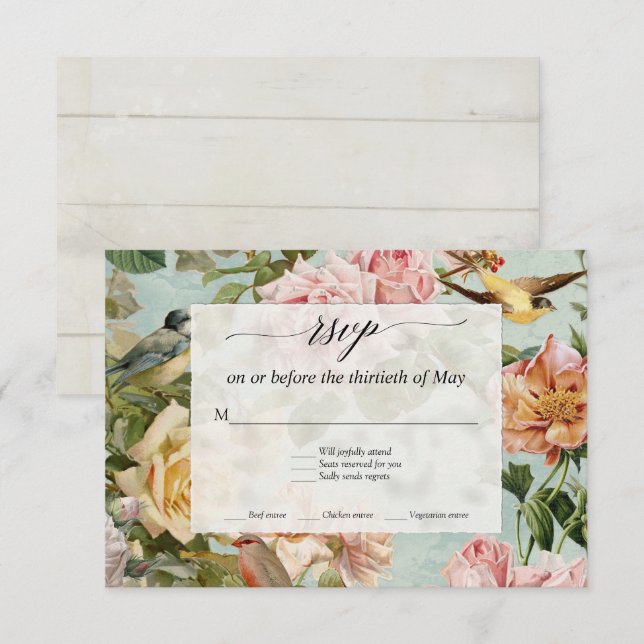 Carton RSVP Bois Rustique Roses Aqua Fleurs Élégan (Devant / Derrière)