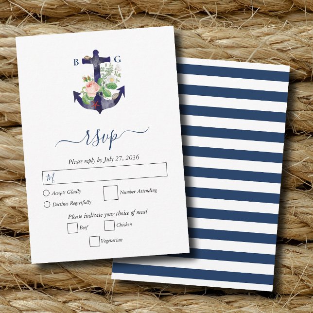 Cartons Réponse Ancre Botanique Floral Nautique Mariage d'été (Anchor Botanical Floral Nautical Summer Wedding RSVP Card)