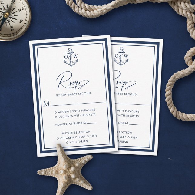 Cartons Réponse Ancre nautique de la Marine Monogramme Mariage car (Créateur téléchargé)