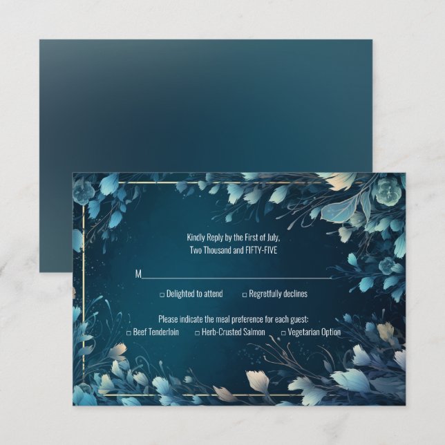 Cartons Réponse Aquamarine foncée et Mariage Floral bleu Turquoise (Devant / Derrière)