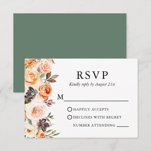 Cartons Réponse Aquarelle Automne Floral Mariage Sage Vert (Devant / Derrière)
