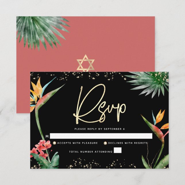 Cartons Réponse Aquarelle bat mitzvah Tropical Black Gold Palm (Devant / Derrière)