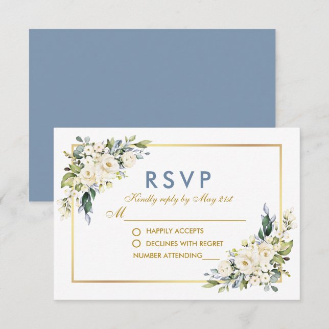 Cartons Réponse Aquarelle Blanc Floral Dusty Bleu Mariage Or (Devant / Derrière)