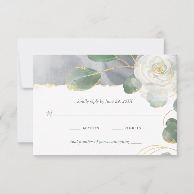 Cartons Réponse Aquarelle Blanc Rose Or Vert Mariage Floral (Devant)