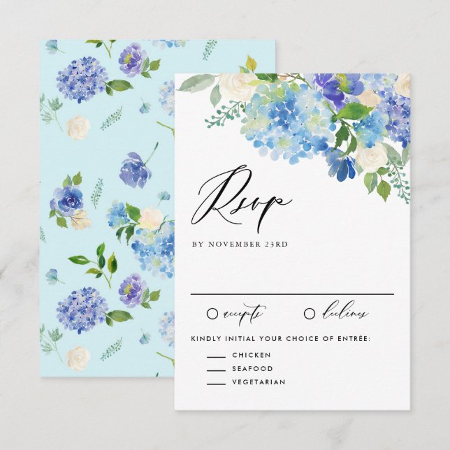 Cartons Réponse Aquarelle bleu Hydrangea Fleurs Mariage (Devant / Derrière)