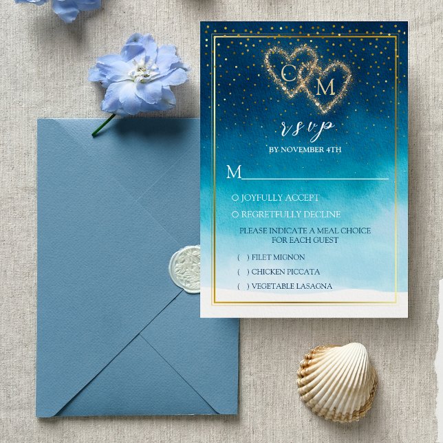 Cartons Réponse Aquarelle Bleu Océan Vagues Avec Mariage Monogramm (Créateur téléchargé)