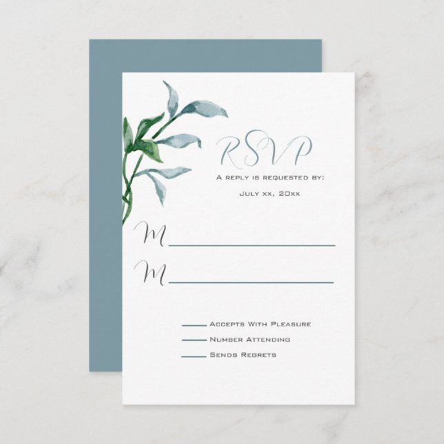Cartons Réponse Aquarelle bleu vert Feuille Mariage (Devant / Derrière)