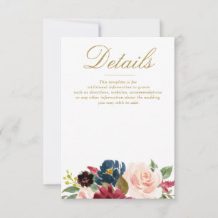 Cartons Réponse aquarelle bordeaux fleurs marine détails mariages