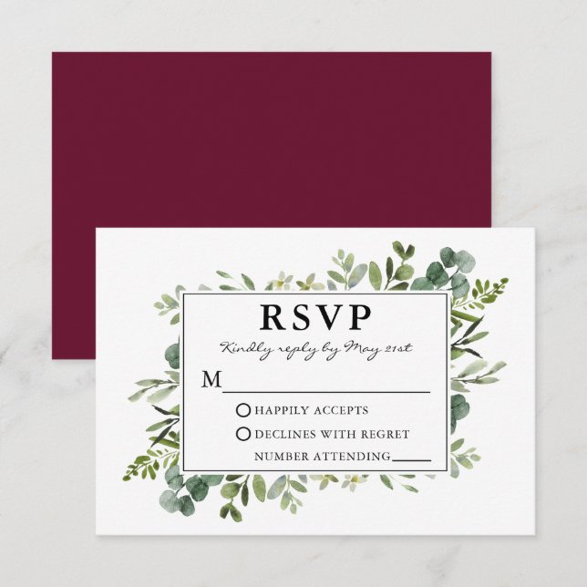 Cartons Réponse Aquarelle Botanique Verdure Bourgogne Mariage (Devant / Derrière)