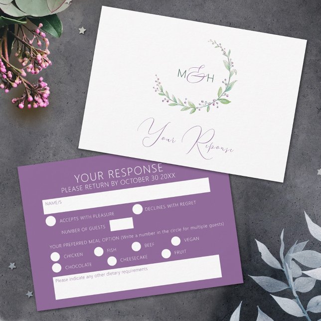 Cartons Réponse Aquarelle de mariage vert mauve (Créateur téléchargé)