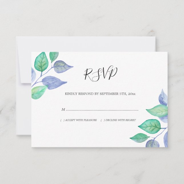 Cartons Réponse Aquarelle Dusty Blue Feuilles Mariage de feuillage (Devant)