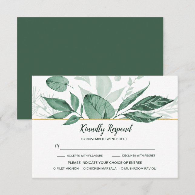 Cartons Réponse Aquarelle Feuilles Sauvages Mariage Vert Chasseur (Devant / Derrière)
